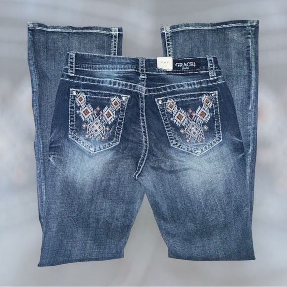 Grace in LA NWT Women's Deep Indigo Boot Cut Jeans With Aztec Pattern - Picture 6 of 9